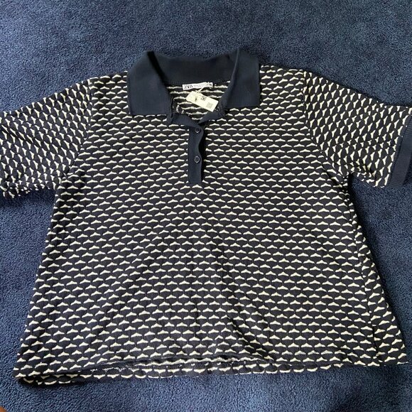 NWT Zara Retro Jacquard Polo in Navy Sz M - Picture 3 of 3